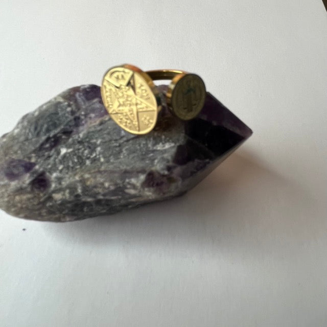 A.A Anillo Ajustable de Acero - Doble Protección (Tetragrammaton y San Benito)Plateado
