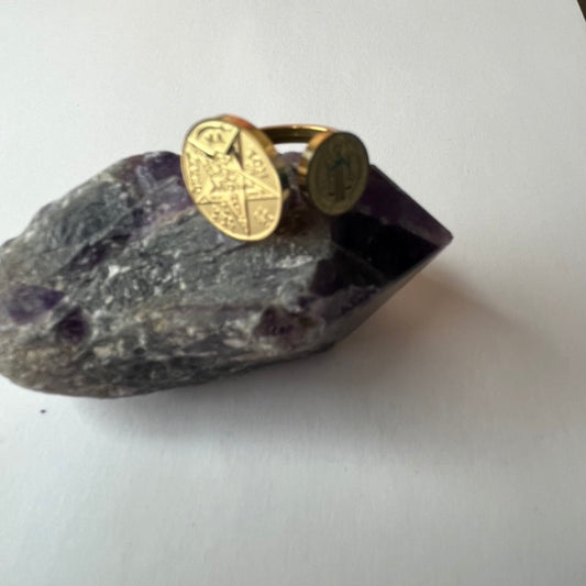 A.A Anillo Ajustable de Acero - Doble Protección (Tetragrammaton y San Benito)Plateado