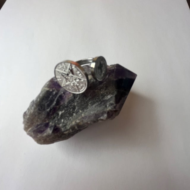 A.A Anillo Ajustable de Acero - Doble Protección (Tetragrammaton y San Benito)Plateado