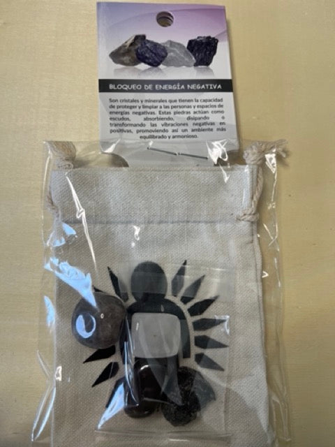 Bolsita de Minerales "Bloqueo de Energía Negativa" (Turmalina, Cuarzo Transparente, Cuarzo Ahumado y Hematite)