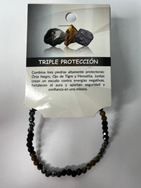 Pulsera Elástica Triple Protección 4 mm – Ónice, Ojo de Tigre y Hematita